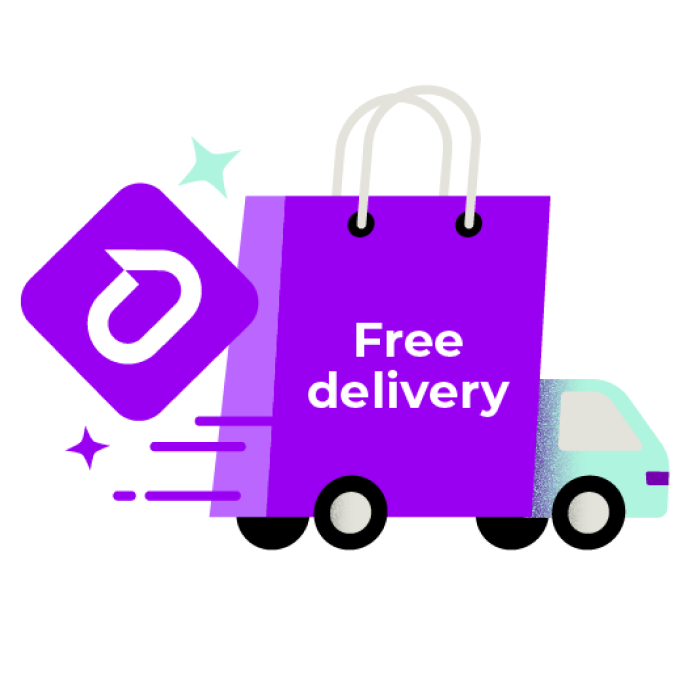 Free delivery! This image shows a purple shopping bag being delivered by a truck.