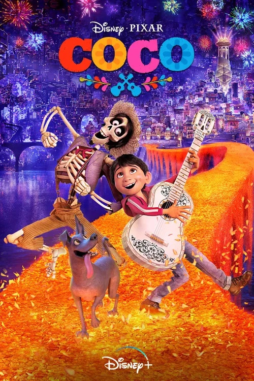 Coco movie poster: A heartwarming animated film about a young boy who travels to the Land of the Dead to find his deceased musician great-grandfather.
