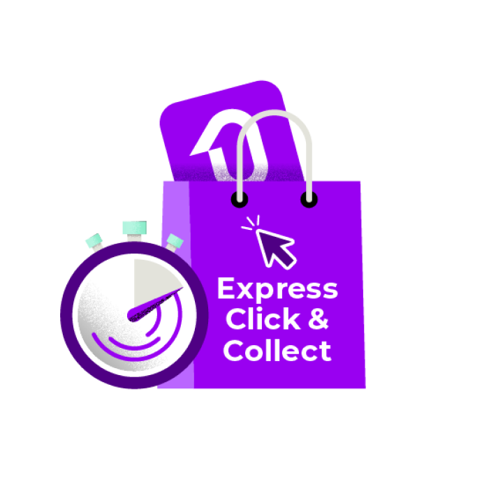 Shop online, pick up in-store. This image shows a purple shopping bag with a timer and the words "Express Click & Collect" on it. Kmart and Bunnings Warehouse offers to shop online and pick up your items in-store. This is a great option for people who want to avoid shipping costs or wait times for delivery.