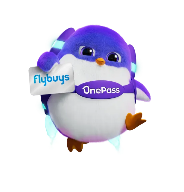 Flybuys OnePass: Collect 5x points in-store with OnePass.

OnePass members lets you collect more points every time you shop in-store with Kmart, Target, Bunnings Warehouse and Officeworks. The image shows a purple penguin holding a Flybuys card while flying through the air. This is a fun and creative way to represent the OnePass and Flybuys partnership.