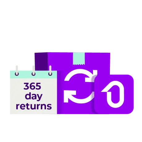 365-day change of mind returns: Shop with peace of mind! This image shows a calendar and a stack of boxes, with the words "365-day returns".