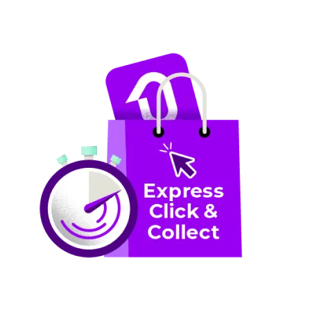 Shop online, pick up in-store. This image shows a purple shopping bag with a timer and the words "Express Click & Collect" on it. Kmart and Bunnings Warehouse offers to shop online and pick up your items in-store. This is a great option for people who want to avoid shipping costs or wait times for delivery.