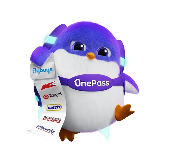 Purple penguin flies through the air whilst holding a receipt and a Flybuys card. The receipt has the Kmart, Target, Catch, Bunnings Warehouse and Officeworks logos.