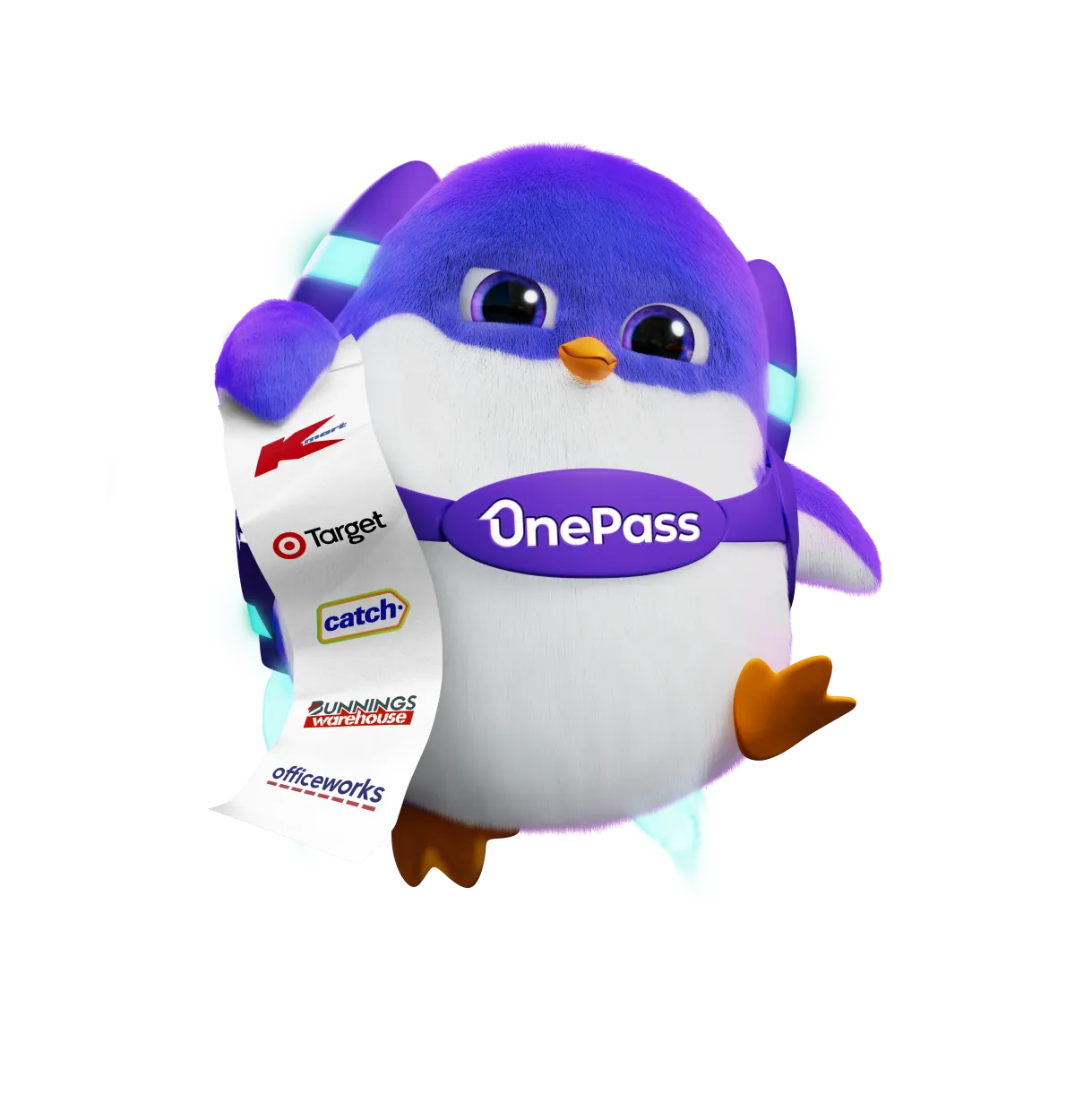 Purple penguin flies through the air whilst holding a receipt. The receipt has the Kmart, Target, Catch, Bunnings Warehouse and Officeworks logos.